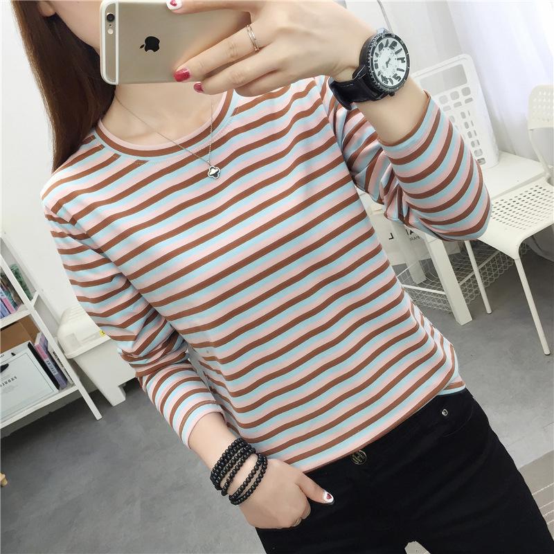 Женская свободная полосатая хлопковая футболка с длинным рукавом для весны и осени