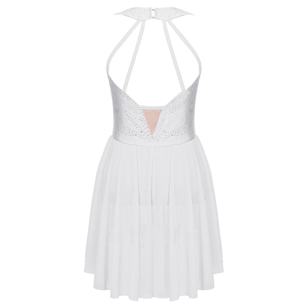 Kids Girls Rhinestone Figure Skating Ballet Lyrical Performance Dress Strappy Back Asymmetrical Hem Sleeveless Dance Dresses