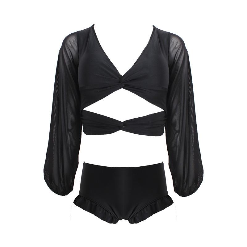 Short open-button V-neck swimsuit split long-sleeved bikini niche premium high-waisted and thin hot spring vacation swimsuit