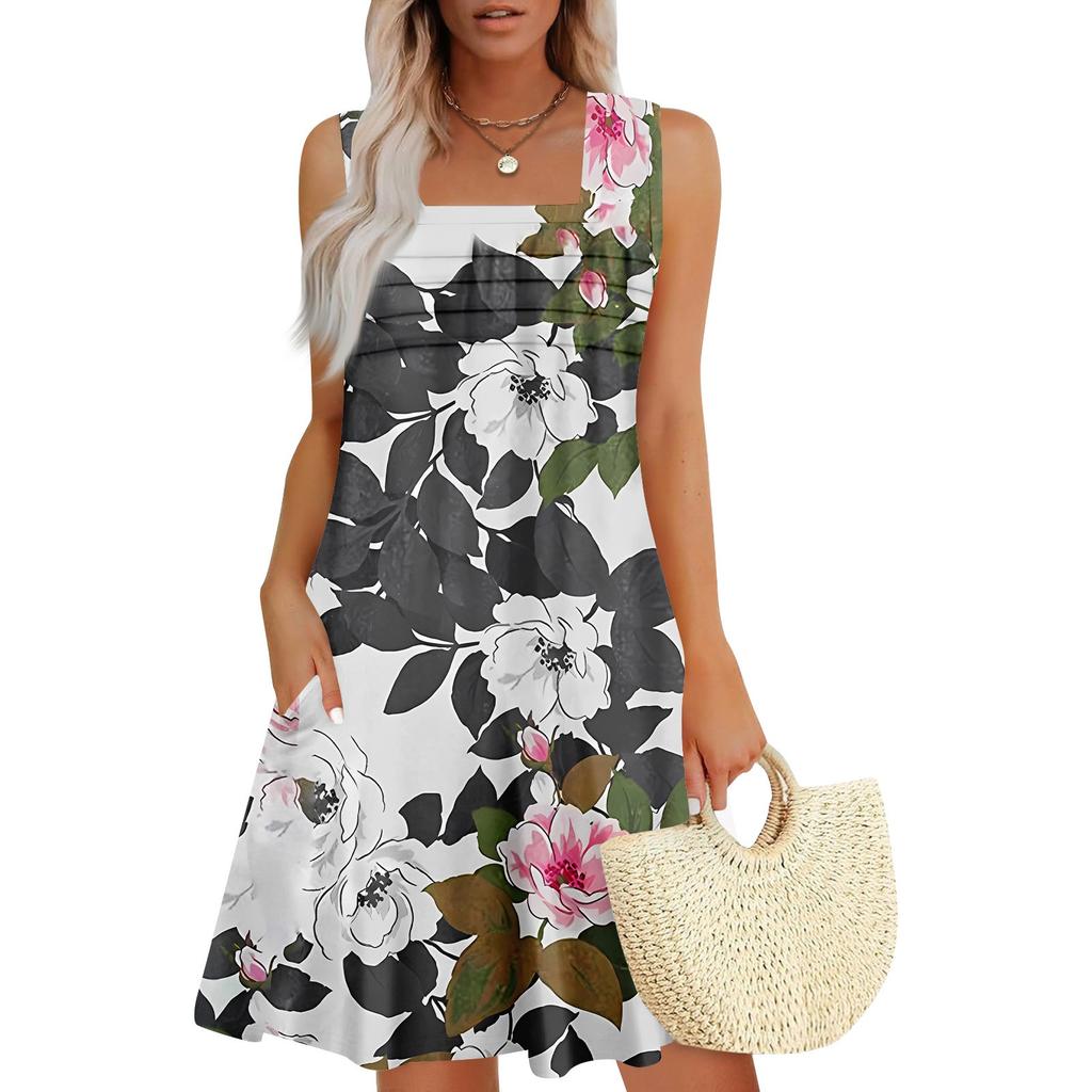 Women's Summer Casual Petal Slim Stripe Pleated Solid Color Dresses