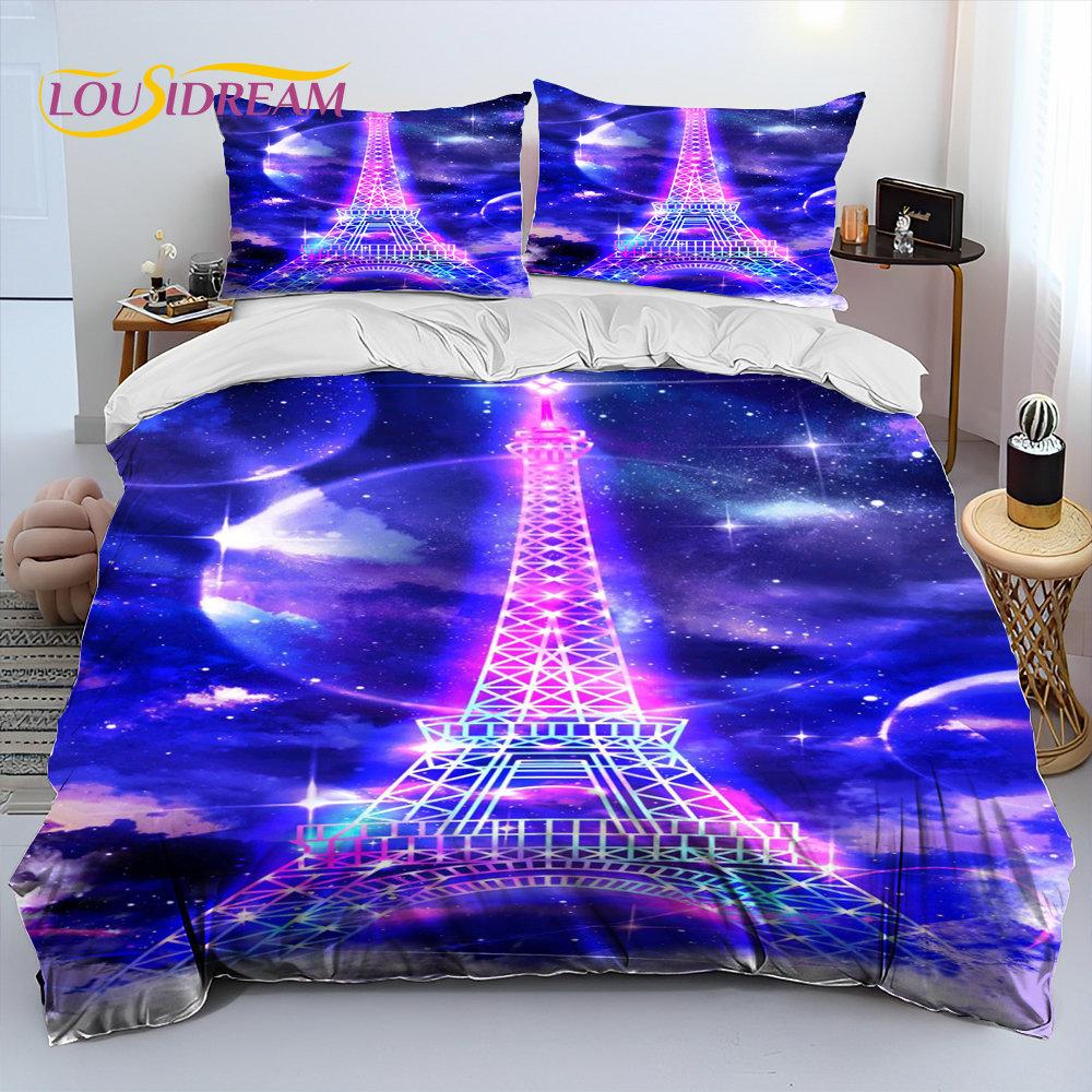France Paris Eiffel Tower Comforter Bedding Set,Duvet Cover Bed Set Quilt Cover Pillowcase,King Queen Size Bedding Set Kid Adult