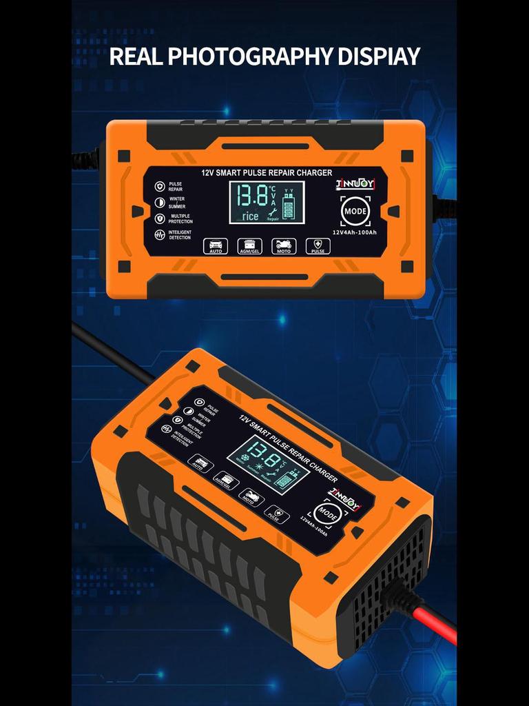 Интеллектуальное зарядное устройство для аккумуляторов 12 В с импульсным дисплеем для мотоциклов и автомобилей