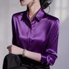 Womens Solid Color V-Neck Satin Long Sleeve Button-Up Blouse 2026 Office Wear