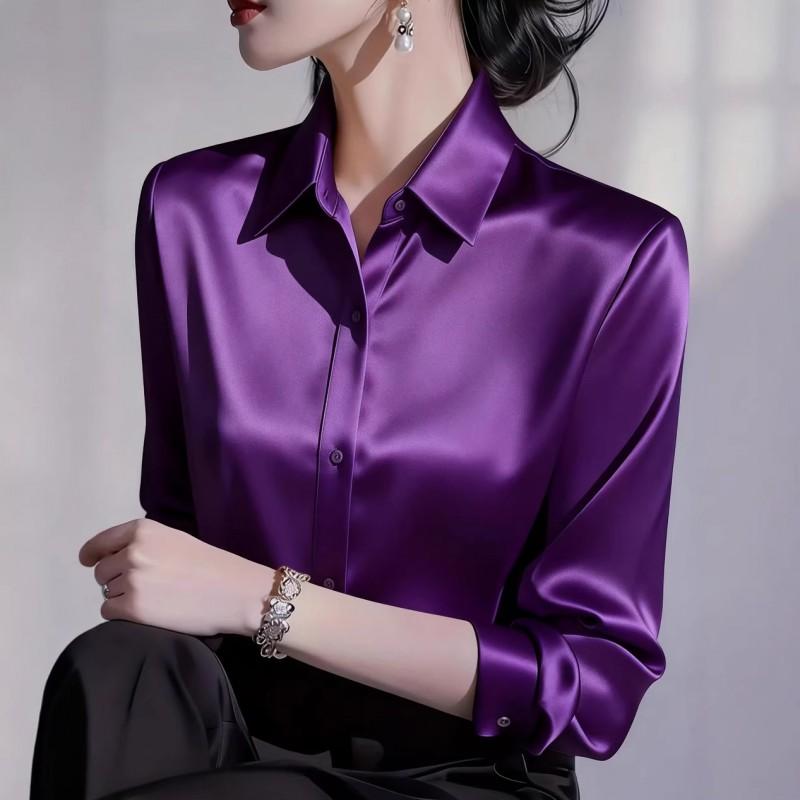 Womens Solid Color V-Neck Satin Long Sleeve Button-Up Blouse 2026 Office Wear