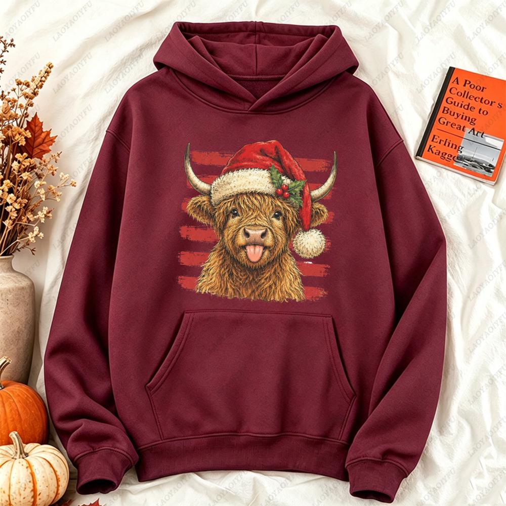 Merry Christmas Highland Cow Graphic Hoodies Women Vintage Winter Warm Sweatshirts Casual Loose Pullover Xmas Clothes