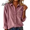 Breathable Texture Fall Apparel Women Vintage Corduroy Shirt Long Sleeve Button Up Jacket Lapel Soft Front Shirt Casual Blouse with Pockets