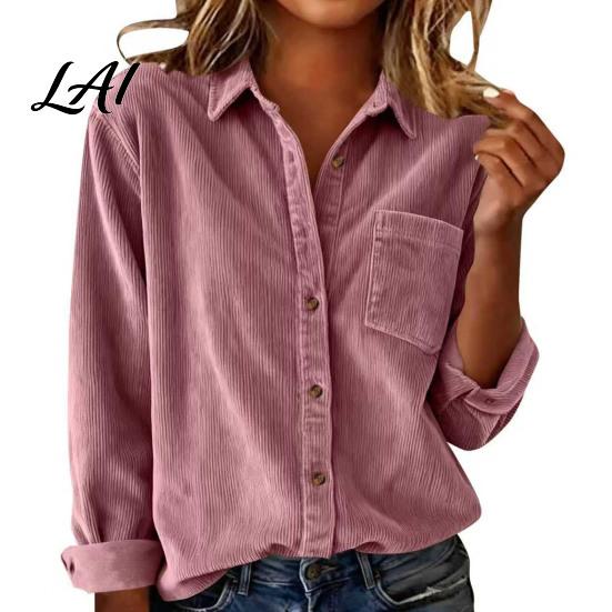 Breathable Texture Fall Apparel Women Vintage Corduroy Shirt Long Sleeve Button Up Jacket Lapel Soft Front Shirt Casual Blouse with Pockets