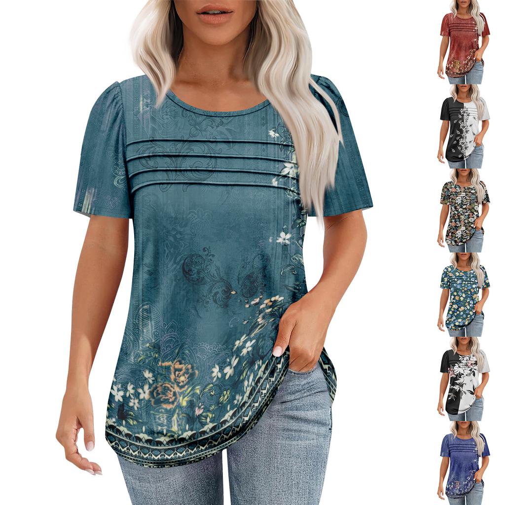Ladies' Fashionable Printed Round Neck Pleated Short Sleeved Shirt