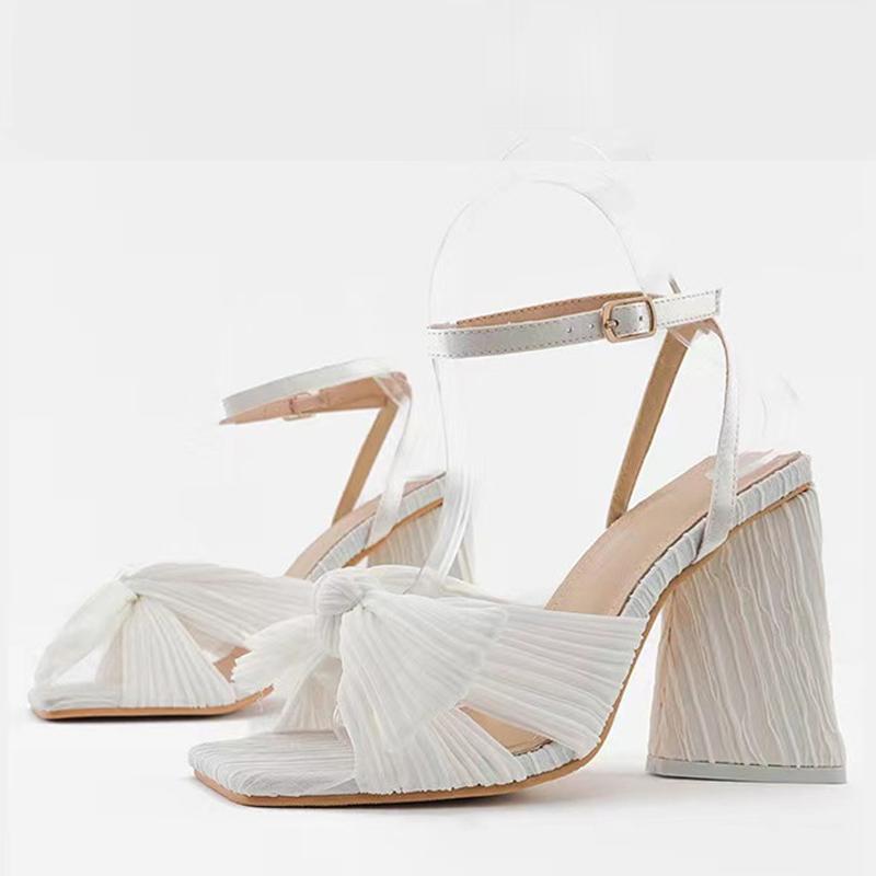 Liyke Size 44 45 46 Fashion Pleated Butterfly-Knot Womens Sandals Gladiator Peep Toe Buckle Strap Triangle High Heels Dress Shoe