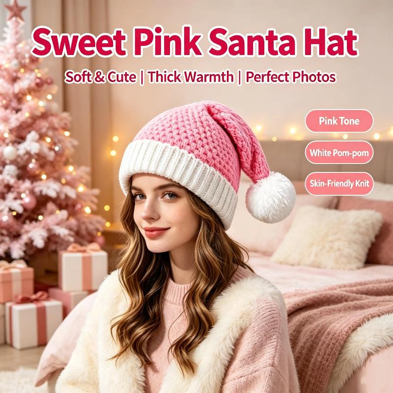 Knitted Santa Hat Soft Skin-Friendly Fabric Fluffy White Pom-Pom One Size Fits Most for Christmas Outdoor Activities