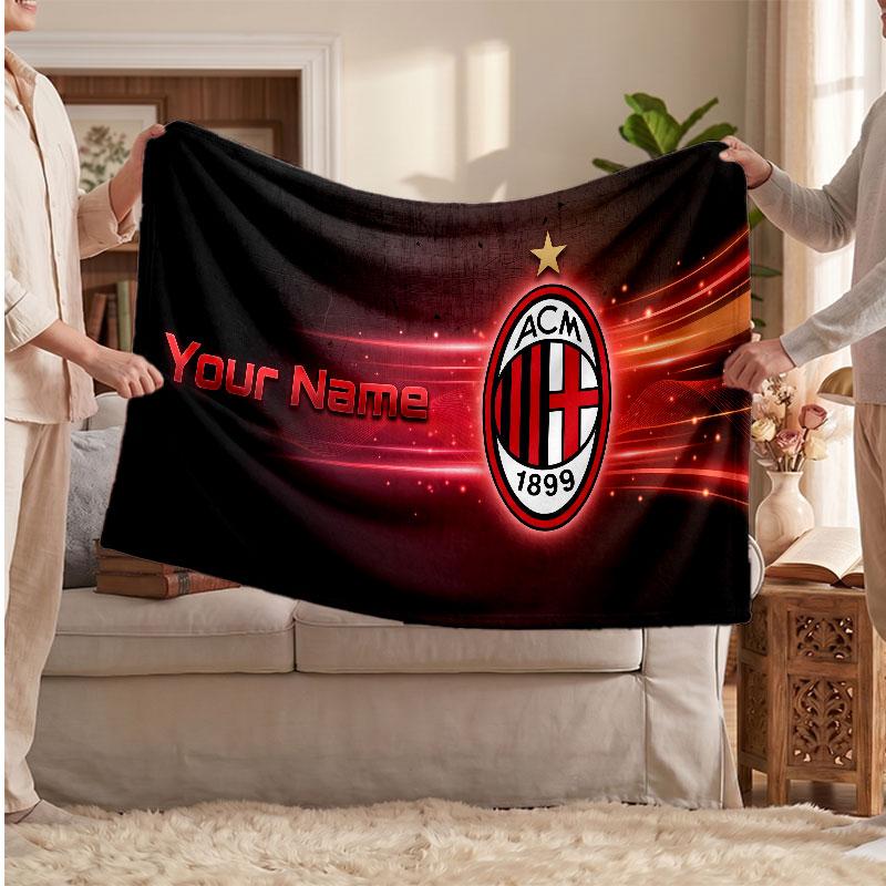 AC Milan Personalized Fleece Blanket With Football Logo, Custom Name Text Soft Warm Home Throw Blanket