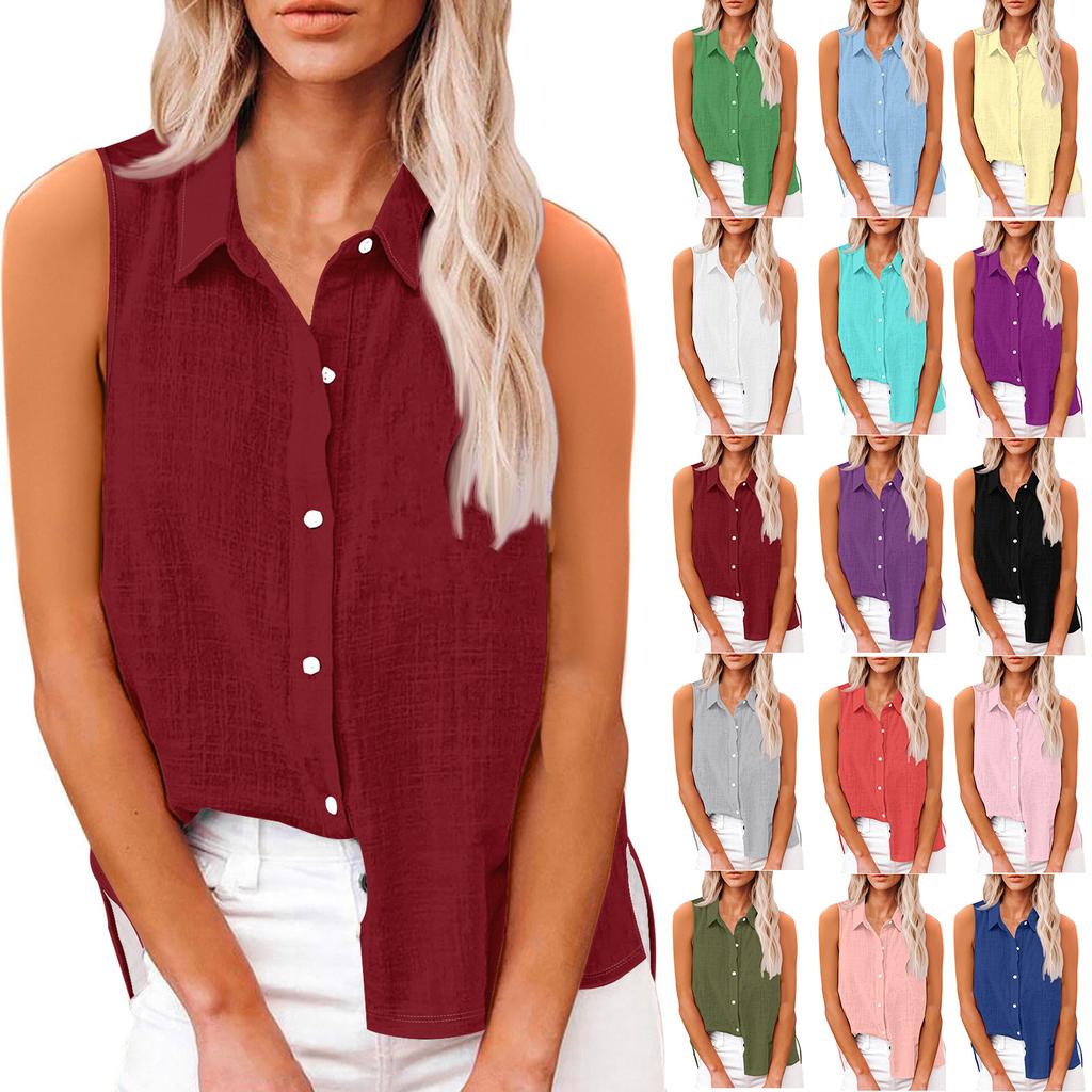 Women's Fashion Casual Solid Colour Sleeveless Cardigan Button Down Shirt T-Shirt Top
