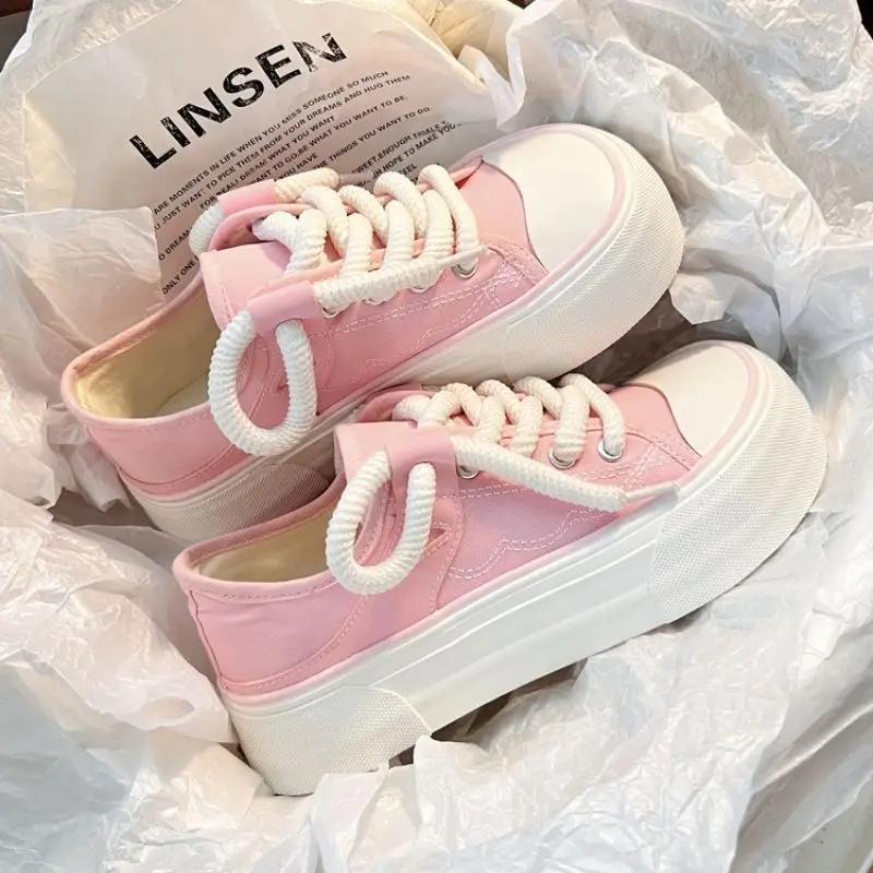 Fashion Cute High On Platform Women Footwear Canvas Lace Up Round Toe Ladies Shoes Kawaii Black New Arrival 2024 Shoe In Summer Quality