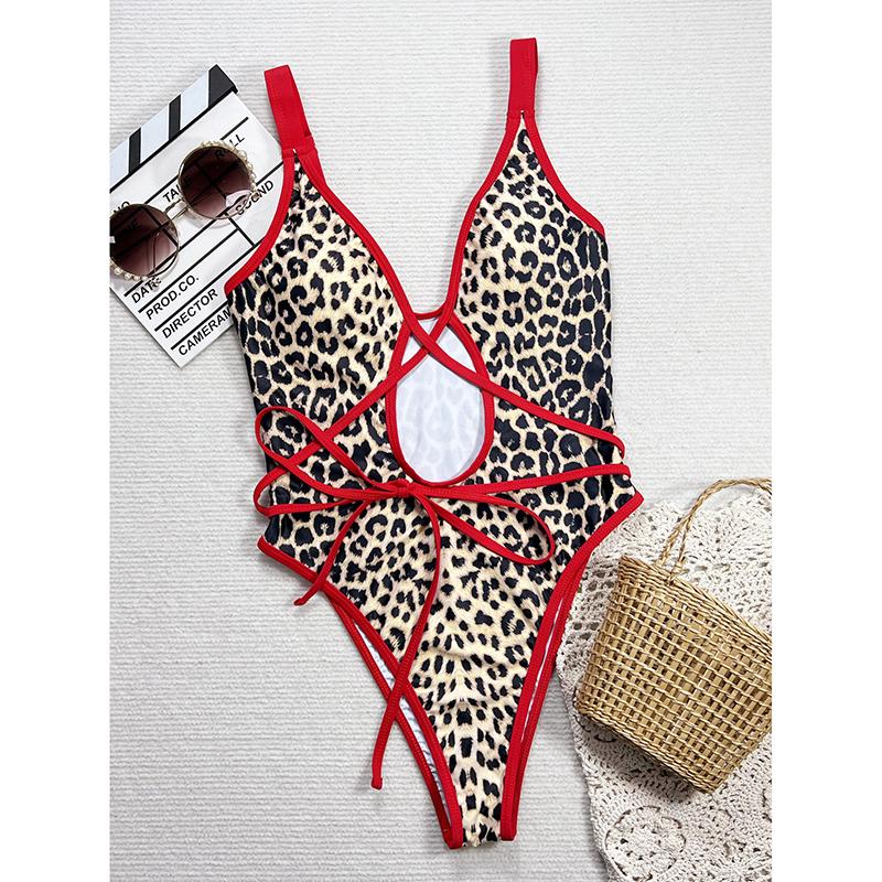Sexy Leopard Print Hollow Out Monokini Swimsuit Woman One Piece Swimwear Red String Cross High Cut Bathing Suit Bodysuits