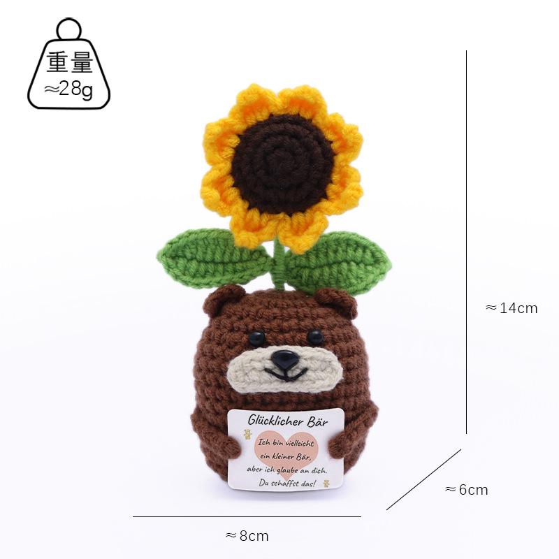 Funny Positive Crochet Cat Flower Doll Desktop Ornament Handmade Cheer Emotional Support Positive Cat With Card Home Party Decor