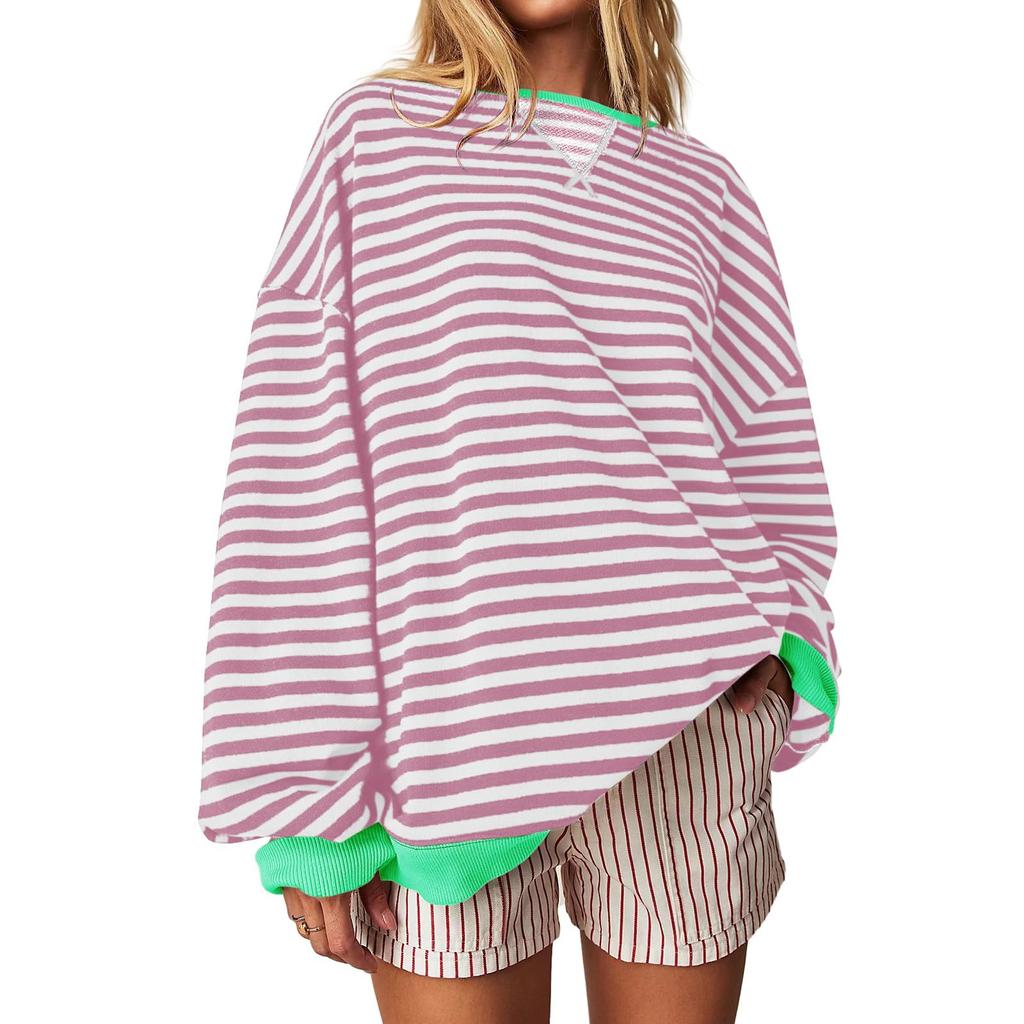 Women's Oversized Striped Color Blocking Long Sleeved Round Neck Sports Shirt Casual Loose Fitting Pullover Shirt Top