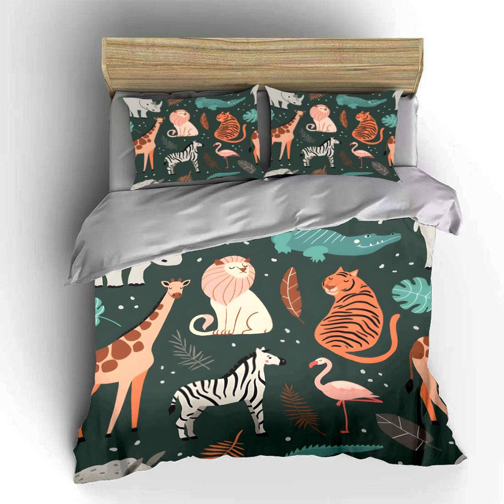 Wild Animals Jungle Pattern Bedding Duvet Cover Set (1*Duvet Cover 2*Pillowcases, without duvet insert)