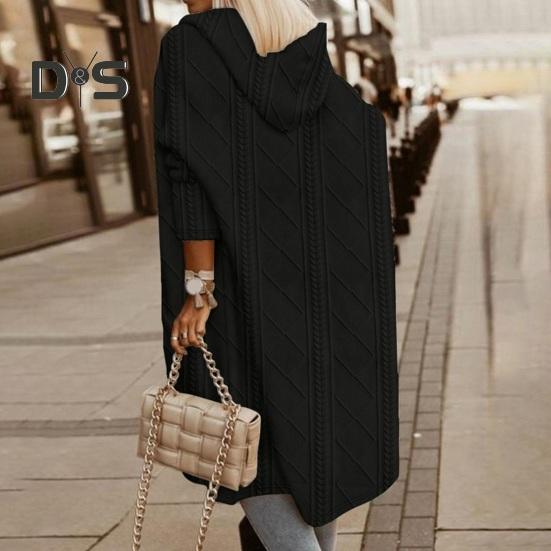 Женский осенне-зимний свитер, пальто с аппликацией с капюшоном, однотонный, толстый трикотаж, свободный, средней длины, с карманами, кардиган, с открытой строчкой, женский свитер, куртка