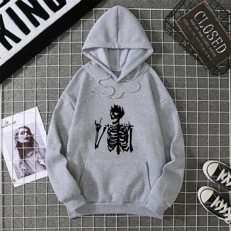 Retro Skull Print Hoodie Women's Fashion Hip Hop Loose Sweatshirt Cat Casual Sweatshirt Pocket Harajuku Streetwear Graphic Y2K