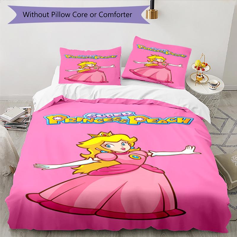 3pcs Princess Peach Bedding Set Duvet Cover Closure Includes 1 Duvet Cover & 2 Pillowcases, Soft and Comfortable for All Seasons.