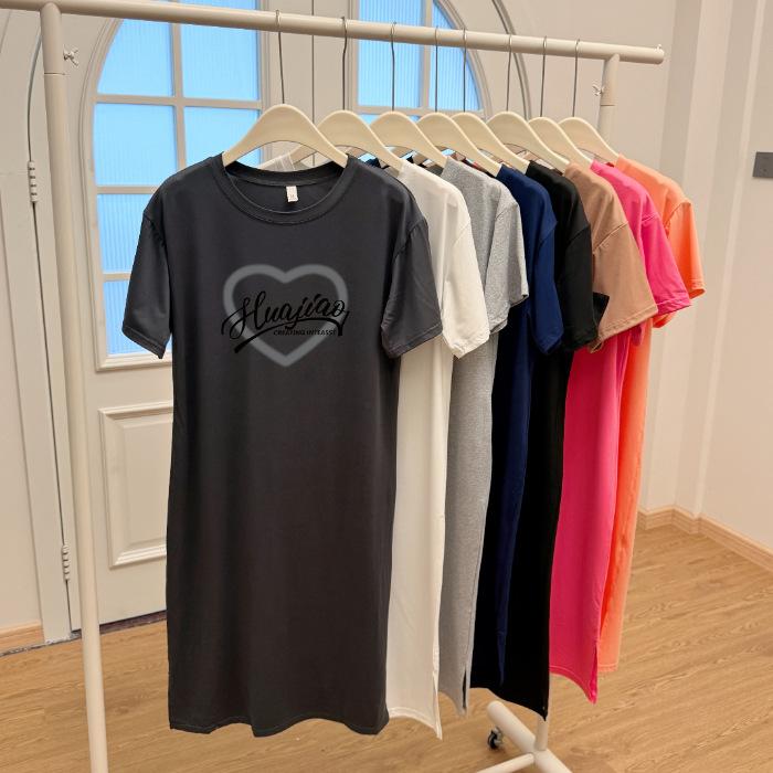 Свободное, большого размера, в гонконгском стиле, с короткими рукавами, средней длины, с разрезом, платье-футболка для женщин на лето