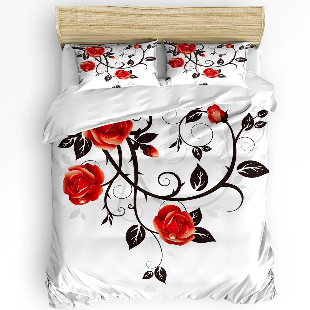 Red Rose Flower Plant White Duvet Cover Bed Bedding Set Home Textile Quilt Cover Pillowcases Bedroom Double Bedding Set No Sheet