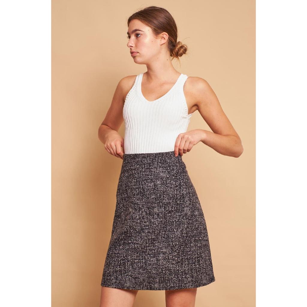 Легкая шерстяная зимняя жаккардовая ткань из лайкры с высокой талией Легкая юбка-колокольчик выше колена — черная диагональ