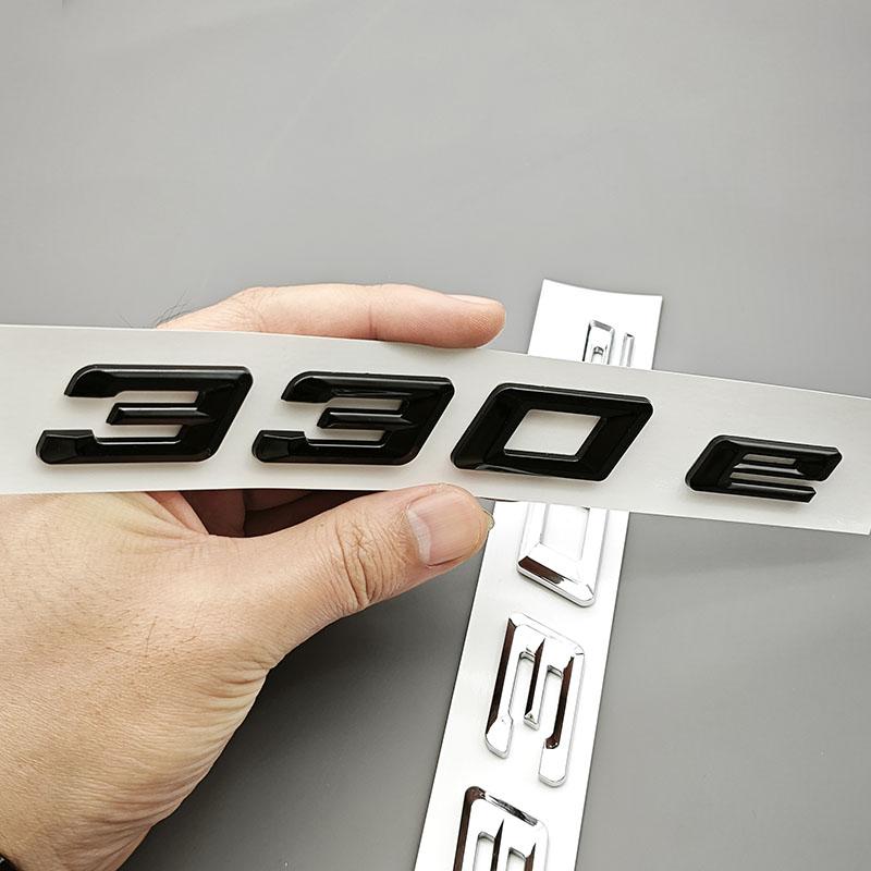 AAAOM1 NEW 3D ABS Chrome Black Car Letters Logo 330e Rear Trunk Badge Emblem Decals For BMW 330e G20 G21 F30 F31 Exterior Accessories