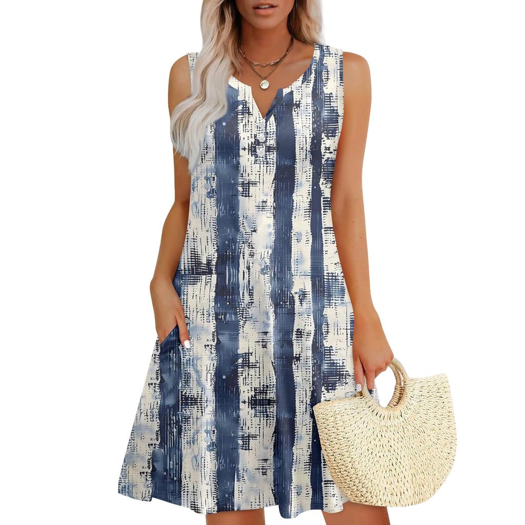 Женские летние платья Свободные сарафаны без рукавов с V-образным вырезом Платье с карманами