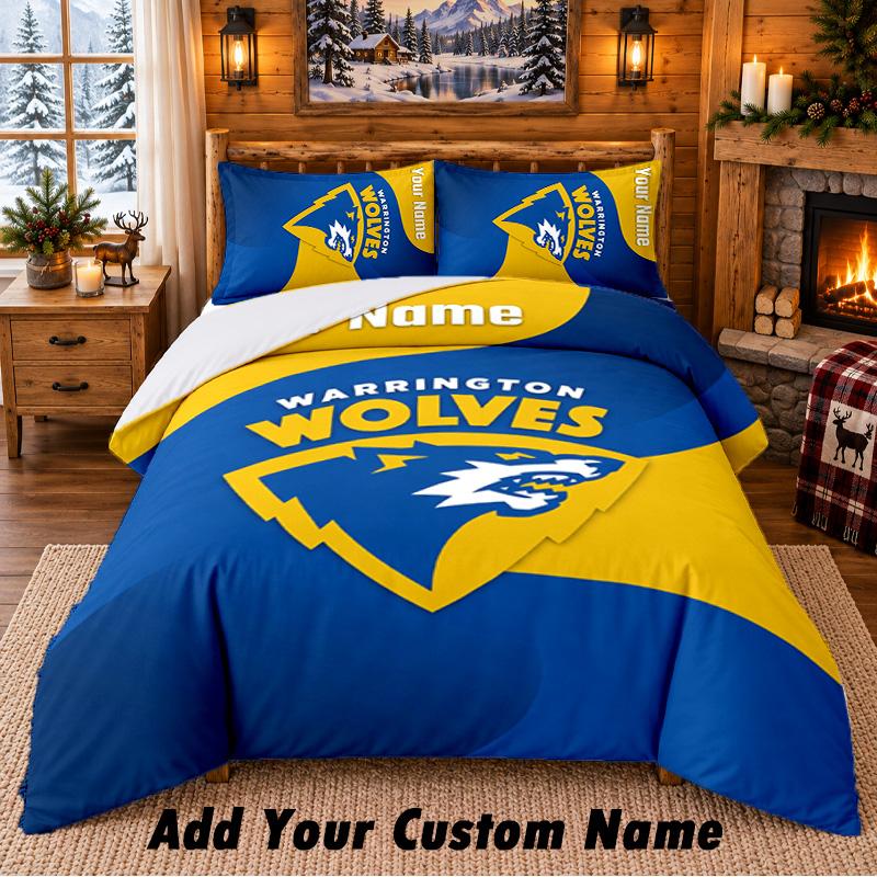 Warrington Wolves FC Pattern Bedding 3Pcs Set Custom Name, Bed Sheet And Pillowcases For Home Bedroom