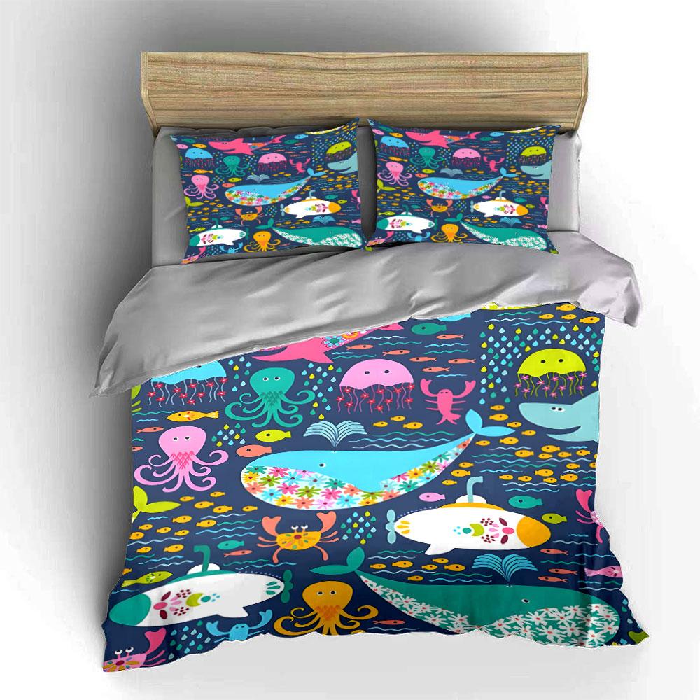 Marine animals and submarine-themed illustration Print Bedding Set 1Duvet Cover 2Pillowcases for Adult and Children Luxury Gift