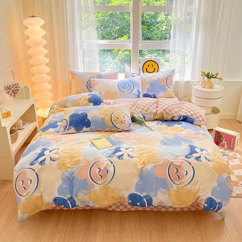 Комплект постельного белья из 3 предметов с цветными цветами в мультяшном стиле из 100% хлопка, мягкий и приятный на ощупь, с 2 наволочками