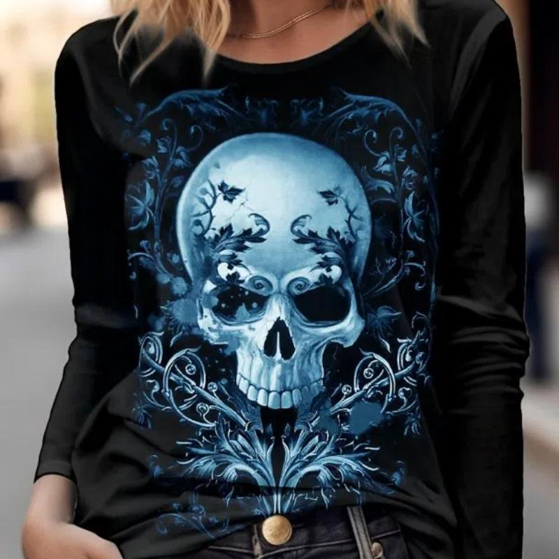 Женская футболка с длинным рукавом с рисунком черепа ужасов, топы, новинка 2023, модный топ с рисунком черепа ужасов, забавный пуловер в стиле Харадзюку