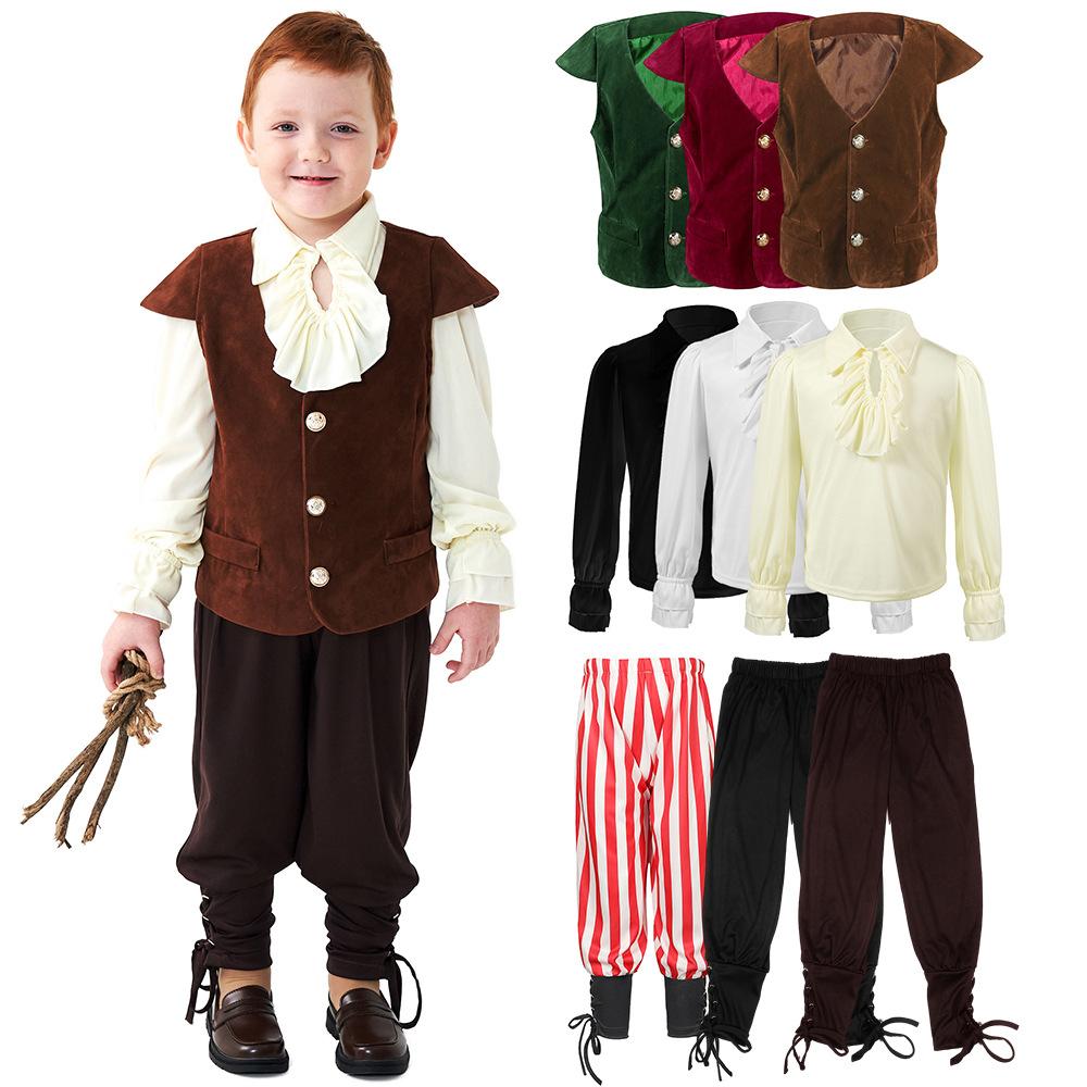 Kids Boys Vampire Renaissance Ruffle Pirate Knight Vest T Shirt Pants Set Children Halloween Cosplay Costumes Role Play Outfit