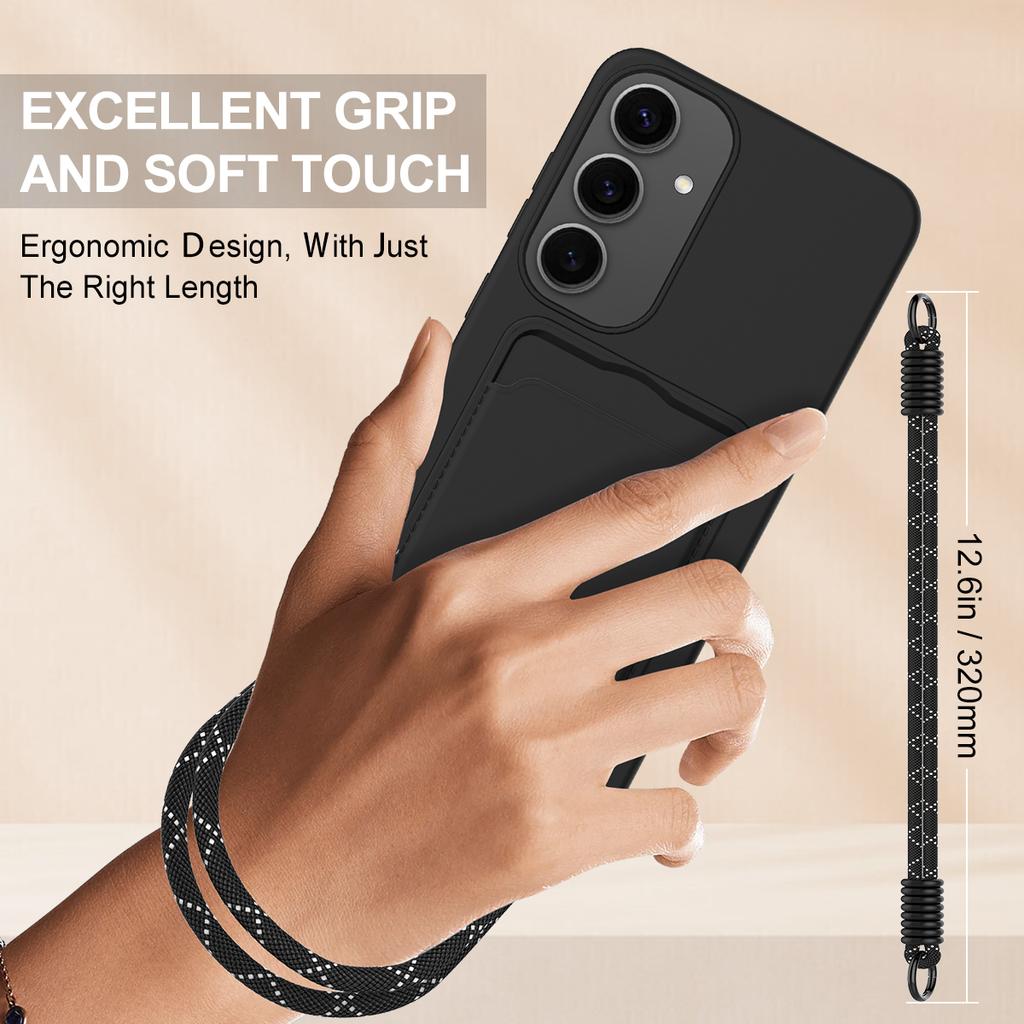 For Samsung Galaxy S24 Case Liquid Silicone Card Holder Phone Back Cover with Short Strap