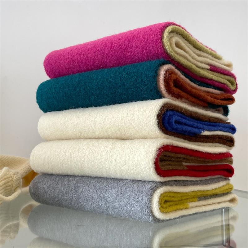 Rose Pink Color Blocked Wool Knitted Scarf for Women Winter Ins Style Korean Version Versatile Warm Shawl Student Scarf Trendy