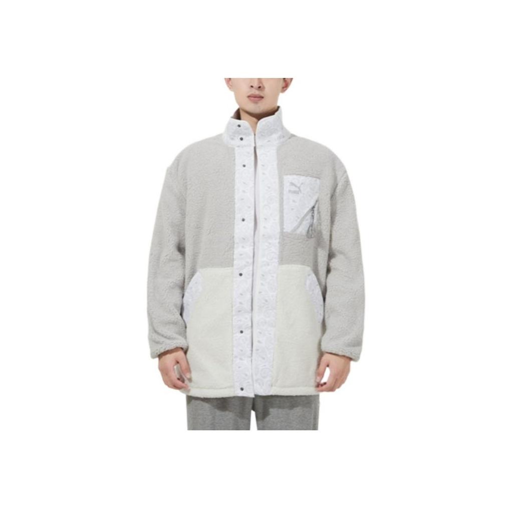 Puma Paisley Cashew Print Pocket Patch Faux Shearling Fleece-Lined Collar Logo Jacket Men Outerwear Light-Grey 534984-09