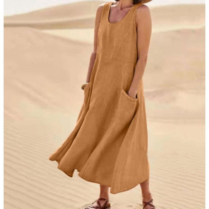 Women's Cotton Linen Midi Dress Sleeveless Scoop Neck Pockets Loose Fit Summer Dress