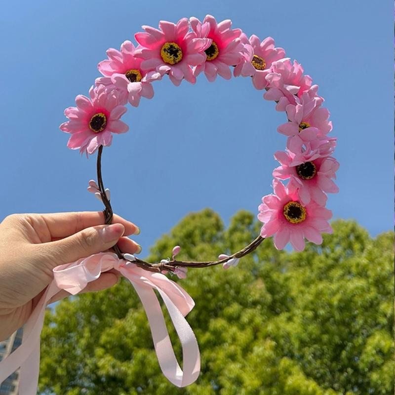Realistic Sunflower Garland Headband Bohemian Crown Headpiece Tiaras Flower Hairband Women Wedding Party Accessories