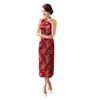 Women Summer Cheongsam Stand Collar Printing Off Shoulder Backless Split Hem Hollow Out Sleeveless Qipao Slim Fit Retro
