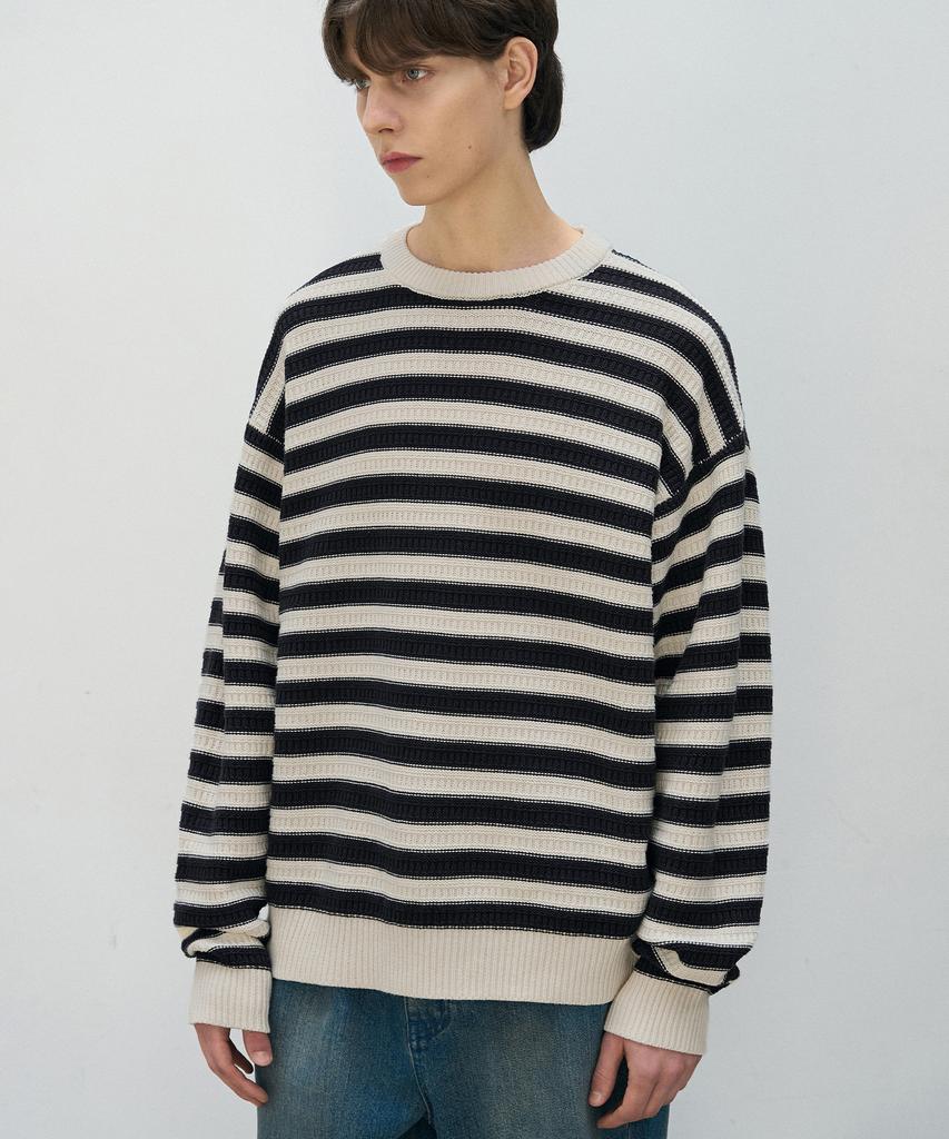 DRAW FIT Square Stripe Cotton Pullover Knit [Ivory]