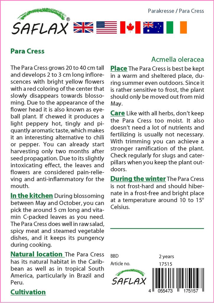 SAFLAX Подарочный набор - Кресс-салат - 500 семян - С подарочной коробкой, карточкой, этикеткой и субстратом для горшков - Acmella oleracea