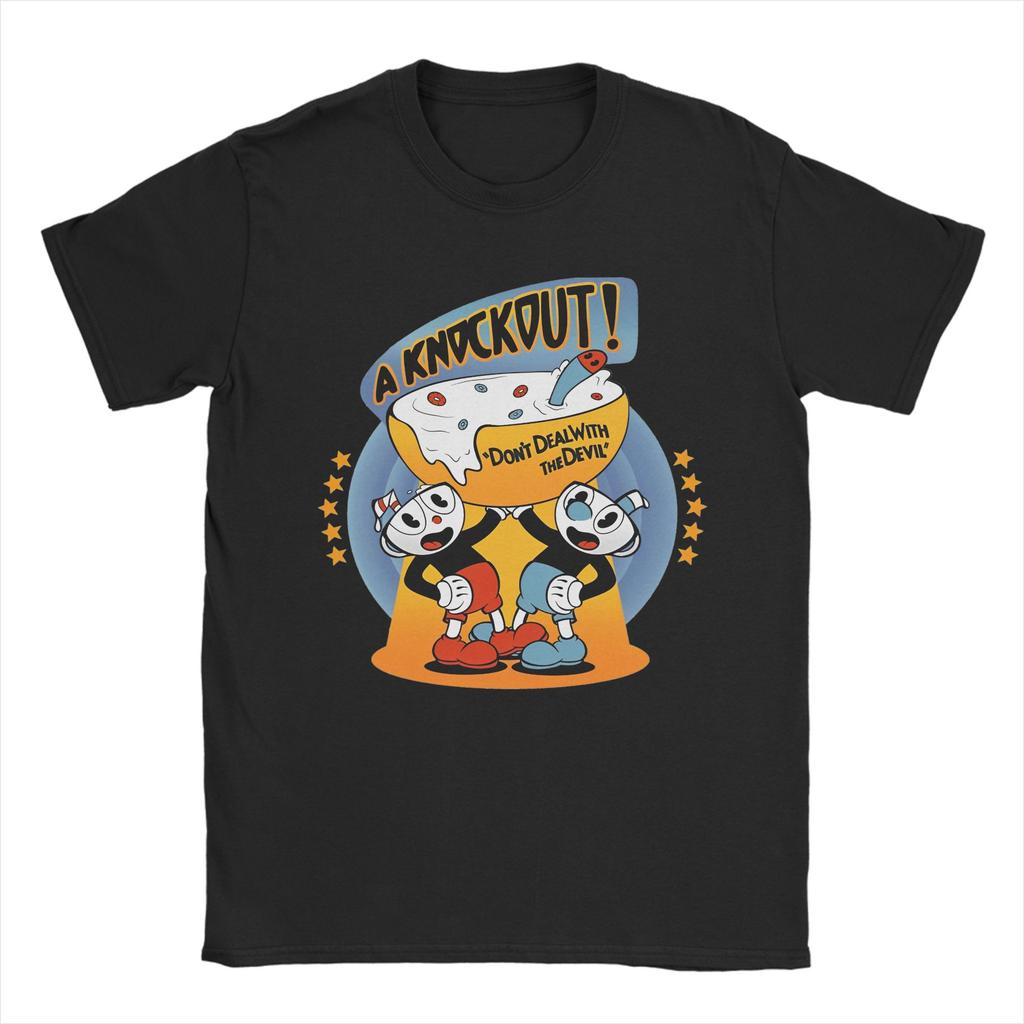 Cartoon Cuphead and Mugman Game T-Shirts for Men Humor Cotton Tees O Neck Short Sleeve T Shirt Printed Tops