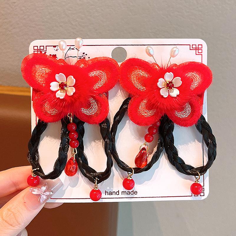 1 пара заколок для волос в китайском стиле, детские кисточки, заколки для волос, милый бант, бабочка, головной убор, кавайные красные аксессуары для волос, подарки