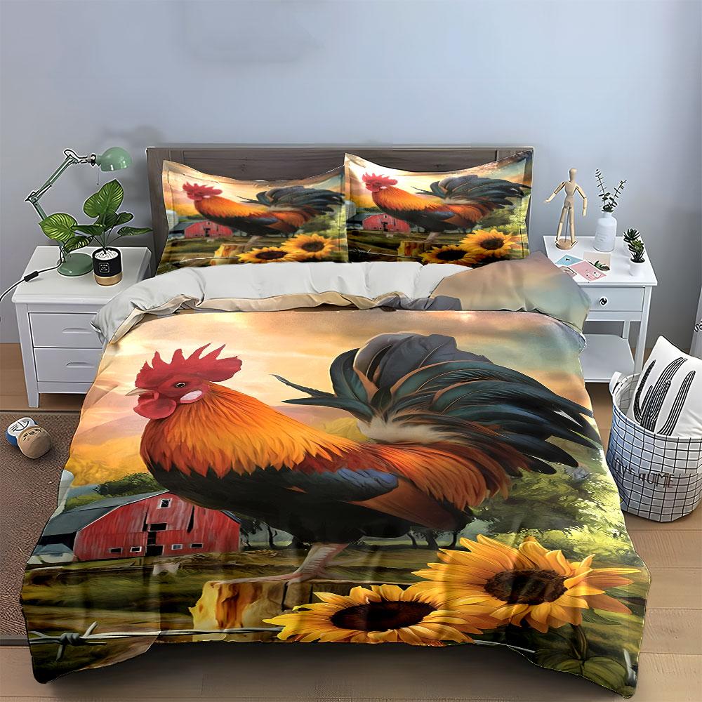 Rooster, barn, sunflowers pattern. Bedding sets Duvet cover sets Duvet covers Pillowcases(1*Duvet Cover 2*Pillowcases without duvet insert)
