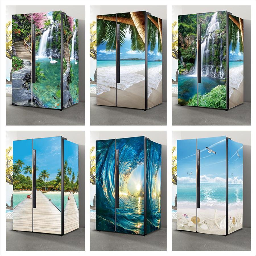 Наклейки на холодильник с морским пейзажем для обоев на холодильник, виниловые самоклеящиеся декорации для пейзажей, пленка для морозильной камеры, пляжная крышка для кухни