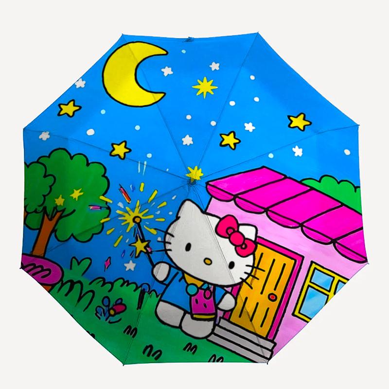 1pc Hello Kitty Night Sky Automatic Opening/Closing Umbrella - Portable Three-Fold Design with 8-Bone Iron Frame, Outdoor, Gift for Fans, Travelers, E