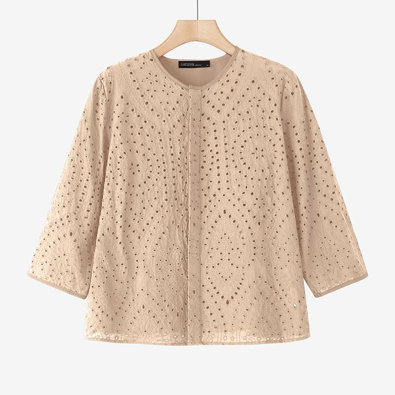 ZANZEA Женская летняя блузка с круглым вырезом и рукавом 3/4 из кружева Crochet в стиле пэчворк