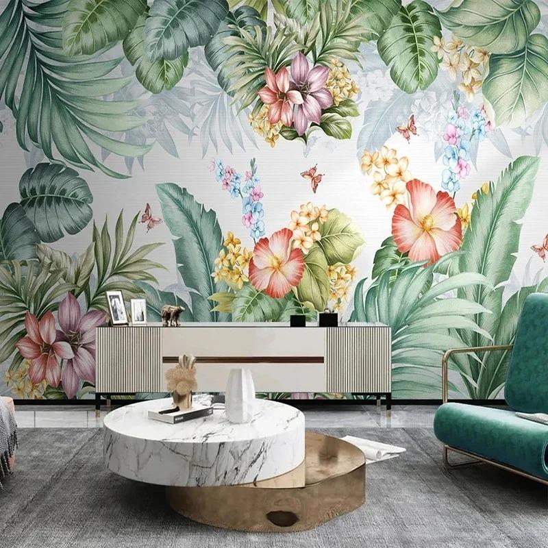 Обои Nordic Hand Painted Green Leaves Flowers Birds Murals Living Room Tv Sofa Bedroom 3d Mural Home Decor