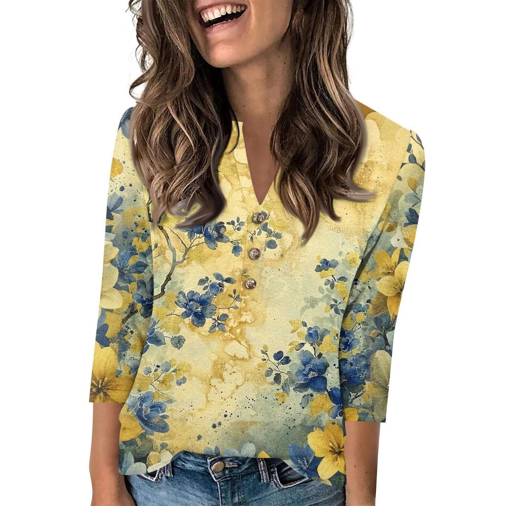 Женский модный повседневный пуловер с рукавом 3/4, принтом на пуговицах и V-образным вырезом